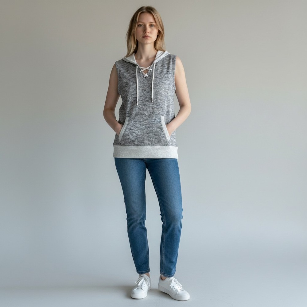 Sleeveless Hoodie Grey Space Dye Lace Up Top Womens Small